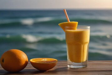 Fruit smoothie on the background of the sea, vacation, summer, mango orange