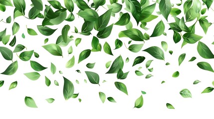 A large number of green leaves flying in the wind on a white background