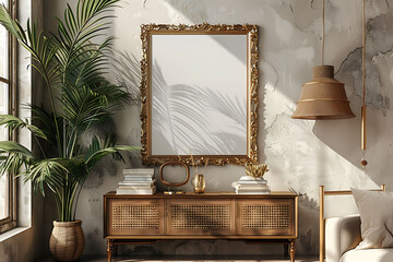 A mockup poster frame 3d render in an ornate gold frame 3d render, above a mid-century sideboard, surrounded by stacked coffee table books, in earthy tones, hyperrealistic