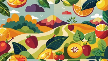 Colorful vector illustration of fruit and leaf seamless pattern background