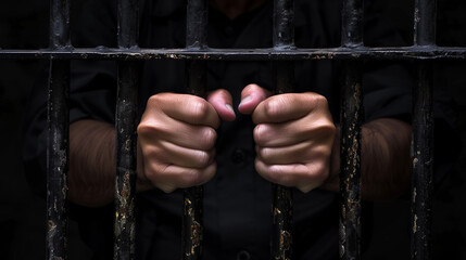 Hands of a prisoner behind prison bars