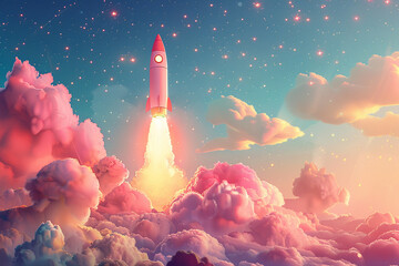 A rocket is flying through the sky, surrounded by clouds - obrazy, fototapety, plakaty