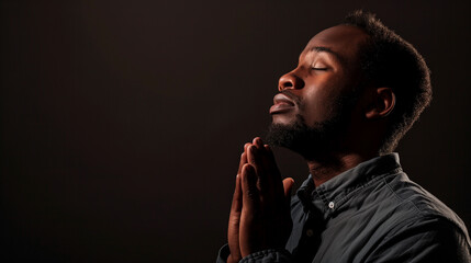 Man prays to god on black background.