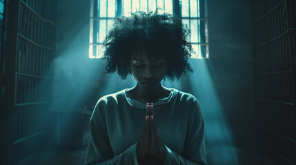 American woman prays to god on dark prison.