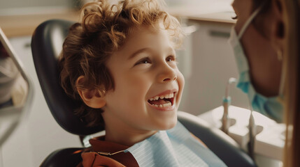 A smiling child sits in a dental chair with his mouth open. Examination by a dentist.