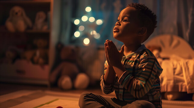 Boy prays to god in dark children room