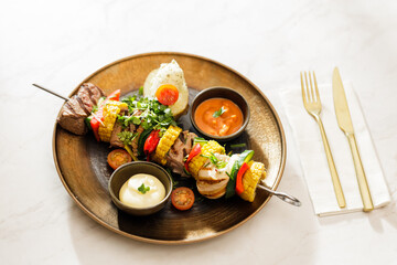 Dutch skewers with corn and cow steak, vegetables and sauce