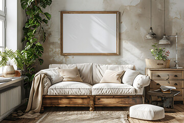 A mockup poster frame 3d render in an antique chest, above a stylish sofa, family room, Scandinavian style interior design, hyperrealistic