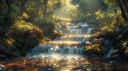 Focus on the shimmering surface of a sunlit stream as it cascades over moss-covered rocks, the rushing water blurring the reflections of overhanging branches and dappled sunlight. - obrazy, fototapety, plakaty