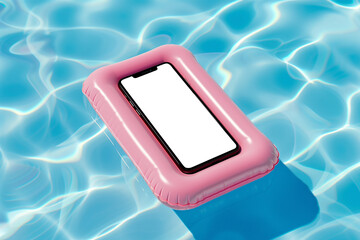 Smartphone on inflatable mattress floating in swimming pool at summer vacation. Mobile phone mockup with blank screen. Travel app advertising