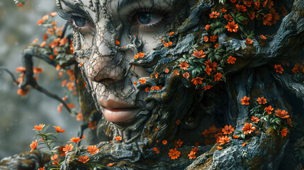 A detailed fantasy portrait of a person with a face resembling a tree, adorned with orange flowers and moss.