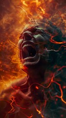 A man with a mouth open and a fire in the background