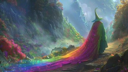A colorful, fantastical landscape with a person wearing a rainbow cape - obrazy, fototapety, plakaty