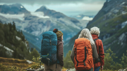 Three hikers with backpacks gazing at mountain vistas - obrazy, fototapety, plakaty