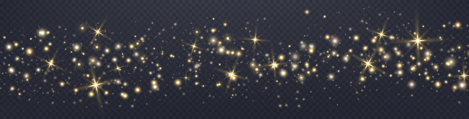 Gold glittering dots, particles, stars magic sparks. Glow flare light effect. Gold luminous points. Vector particles on transparent background. - obrazy, fototapety, plakaty