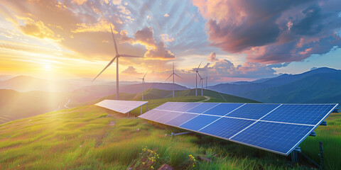Renewable energy landscape with solar panels and wind turbines at sunset.