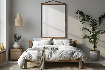 A mockup poster frame 3d render in a wooden rack, above a modern sofa, bedroom, Scandinavian style interior design, hyperrealistic