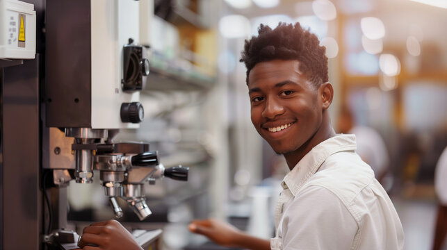 Smiling young man operating a machine in a laboratory