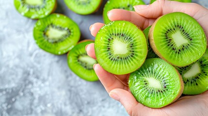 Hand holding vibrant kiwi, selection on blurred background with ample copy space for text placement
