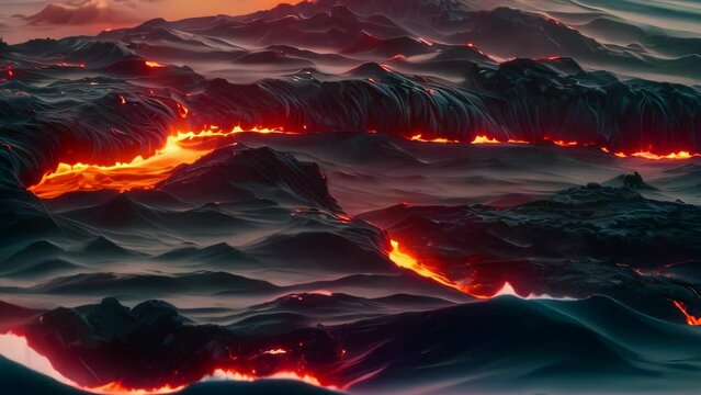Video animation of  striking volcanic landscape at night, highlighted by multiple streams of bright orange lava flowing through the dark terrain