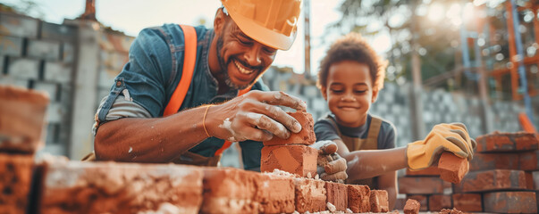 Father and son in helmets putting red bricks to wall at construction. Family togetherness and relationship concept.