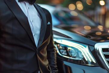 professional chauffeur standing near luxury car exceptional service concept closeup photo - obrazy, fototapety, plakaty
