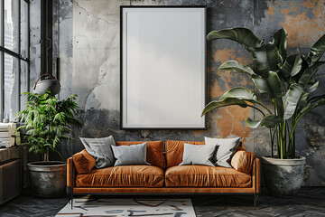 A mockup poster frame 3d render in an industrial locker, above a modern couch, entertainment room, Scandinavian style interior design, hyperrealistic