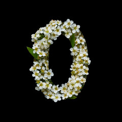 The number zero is made of delicate white flowers on a black background.