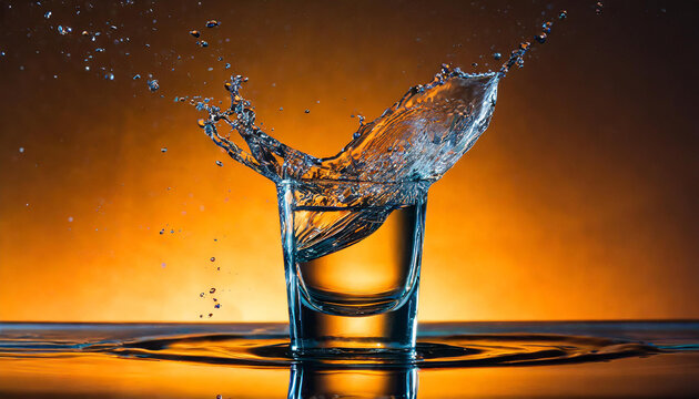 Glass shot of vodka with splashes. Alcoholic beverage.