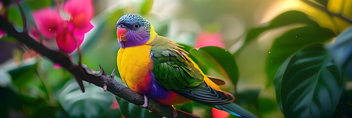 Bright exotic bird in a tropical garden, sunlight.