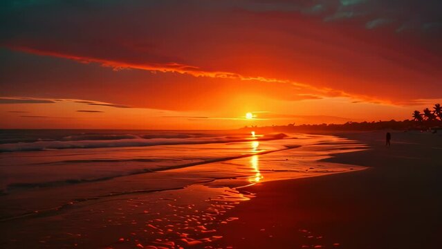 Video animation of  tranquil beach scene at sunset. The sky is painted with vibrant shades of orange and red, as the sun dips below the horizon