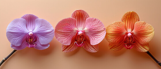three orchids are arranged in a row on a pink background