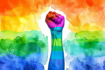 Raised Fist Against Rainbow Background