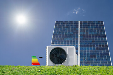 Heat pump with efficiency label and photovoltaics
