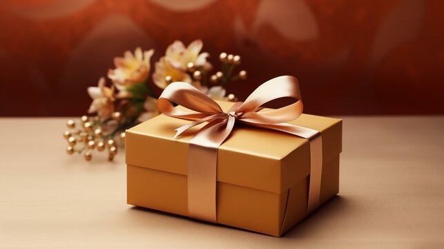 Earthy tones gift box with bow and flowers on table, single object gold wrapped christmas present winter