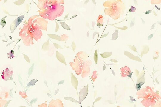 Watercolor Floral Pattern with Pink and Orange Flowers on White Background for Seamless Wallpaper Design