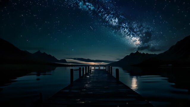 Video animation of breathtaking night landscape featuring the Milky Way arcing across the sky. A wooden dock leads into a still lake