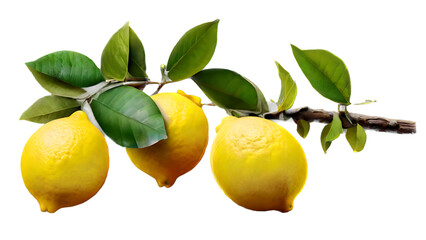 Fresh lemon with green leaves isolated on transparent background