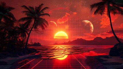 Retro synth wave style Beautiful Sunset on the beach with sea and palm trees.