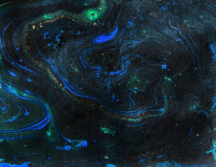 Dark blue chaos image, with gold space abstract background and swirls, glitter. Cosmic, galactic maybe. - 786359748