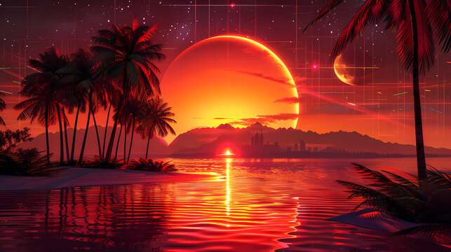 Retro synth wave style Beautiful Sunset on the beach with sea and palm trees.