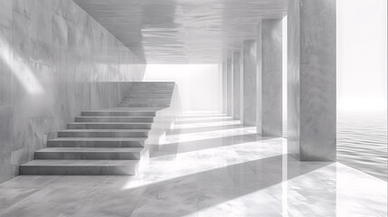 Minimalist architectural design of a white marble building with stairs and columns by the sea, showcasing a serene and bright ambiance.