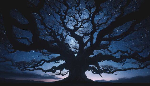 Ancient Tree Silhouette with Starry Sky