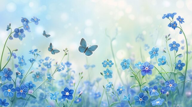 Blue background of forget-me-nots, butterflies and bokeh