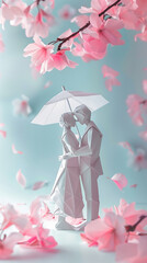 Origami couple under an umbrella among pink cherry blossoms