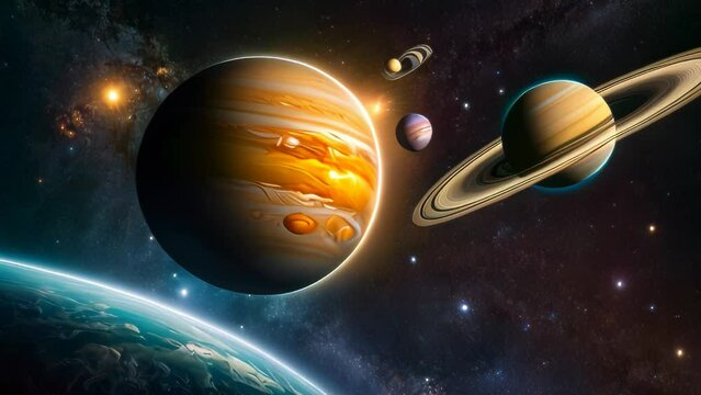 Video animation of digital artwork that transports viewers into the depths of space. It features a stunning array of celestial bodies