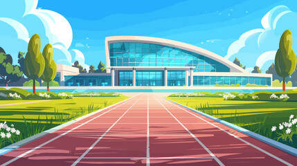 a digital painting of a running track in front of a building - obrazy, fototapety, plakaty