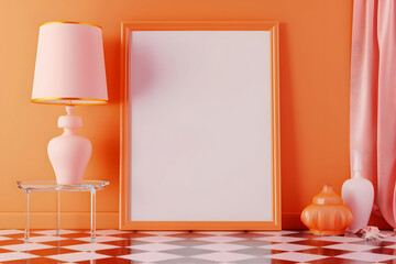 Wall art mockup of vertical blank frame, checkered floor, fur carpet and orange wall. Preppy room interior.