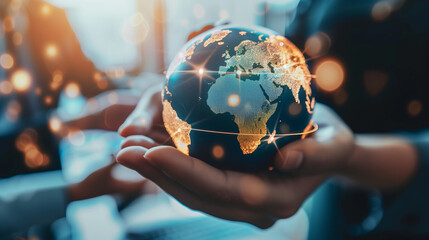 Hands holding a glowing earth globe with Africa and Europe highlighted
