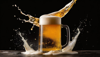 Mug of golden beer with foam and splashes, levitating. Alcoholic beverage. Black background.